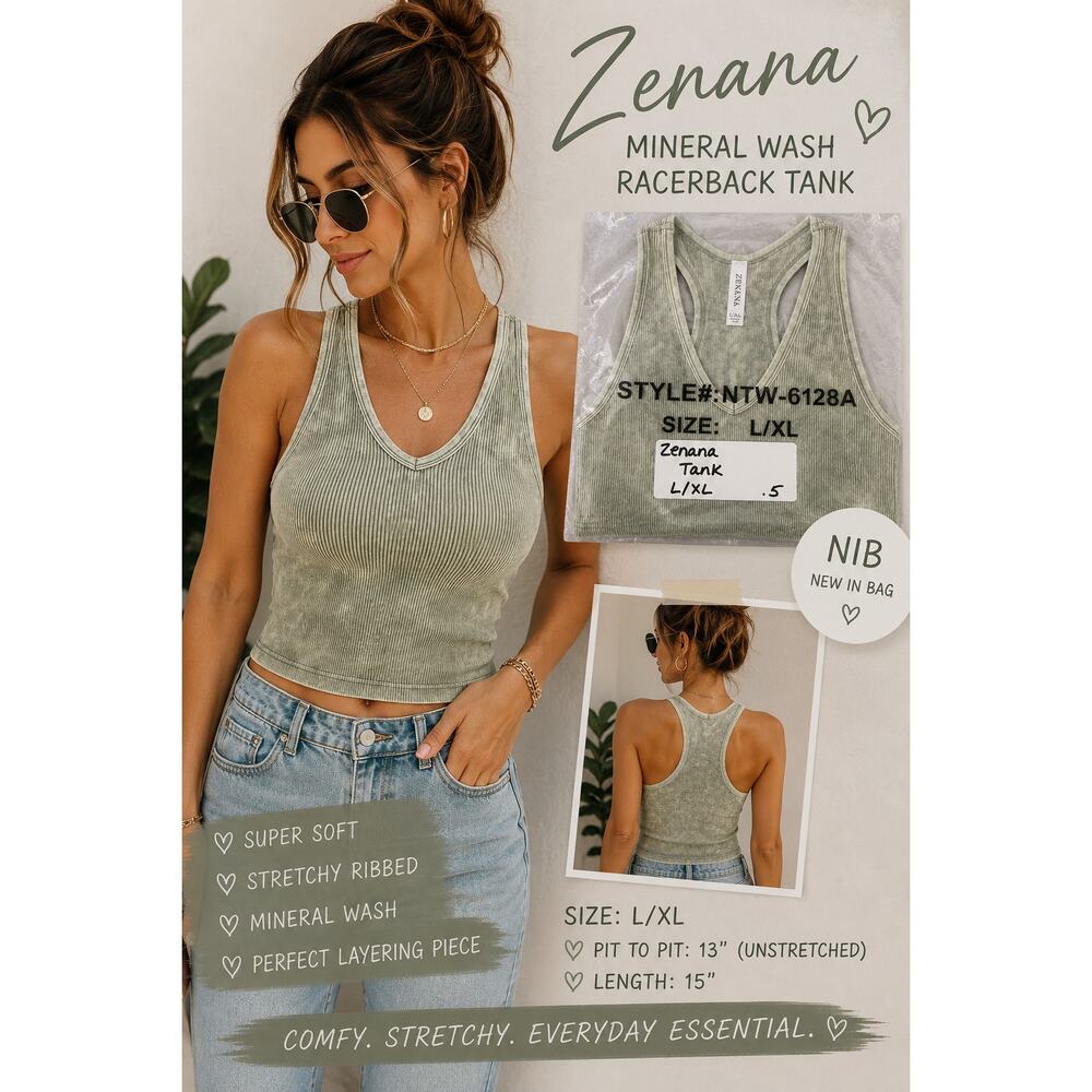 Zenana Mineral Wash Ribbed Racerback Tank L XL Sage Green NIB